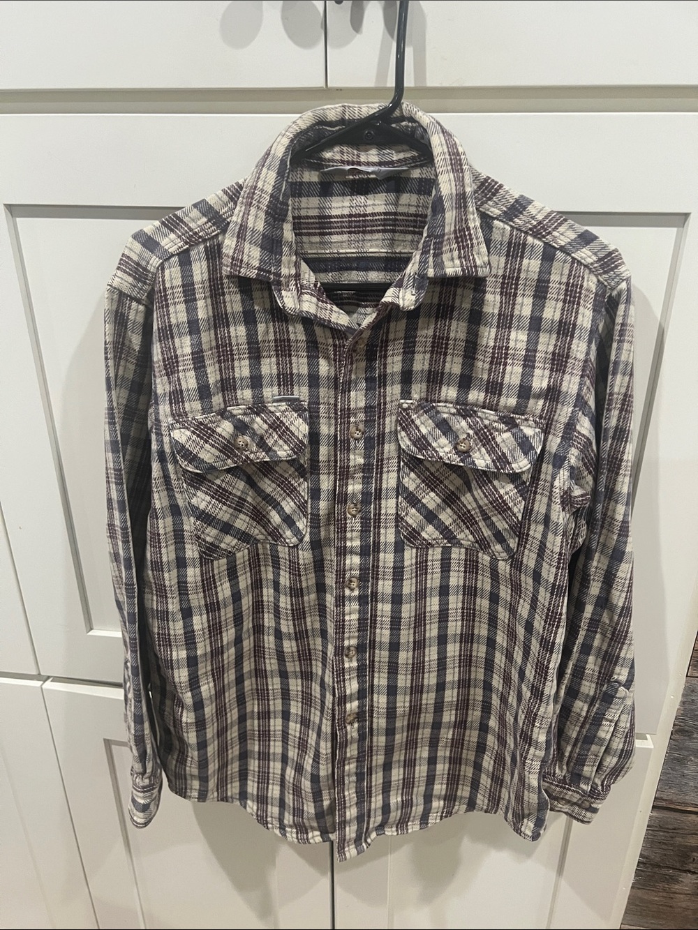 1990s Carhartt Men's Plaid Button-Up Shirt - Cream, Maroon & Blue size L